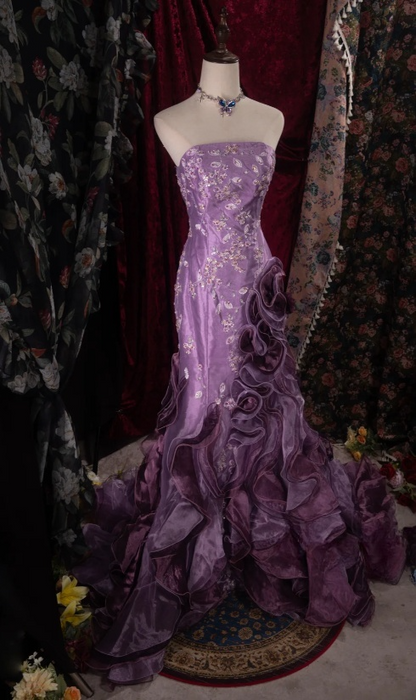 Elegant Sheath Evening Dresses Strapless Purple Long Prom Dresses Beaded Satin Sleeveless Brithday Dresses   DP04578