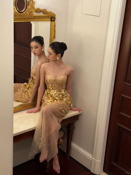 Elegant Sheath Evening Dresses Jewel Gold Long Prom Dresses Beaded Tulle Sleeveless Brithday Dresses  DP04580