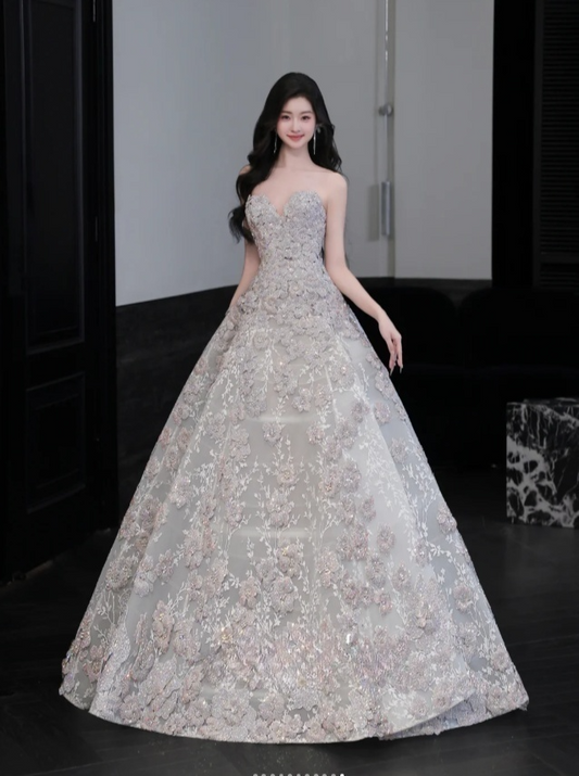 Elegant A-Line Evening Dresses Tulle  Strapless Long Prom Dresses Beaded Appliques Sleeveless Brithday Dresses  DP04581