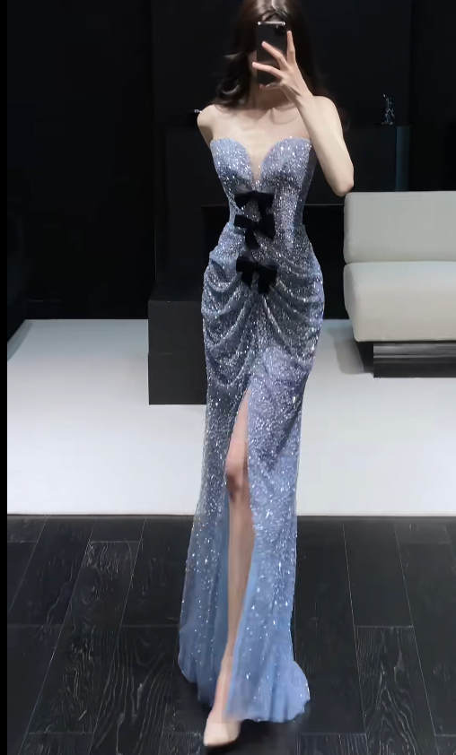 Chic Sheath Evening Dresses Tulle Sweetheart Gray Blue Long Prom Dresses Sleeveless Brithday Dresses  DP04584