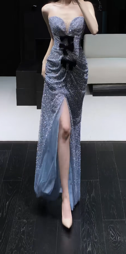 Chic Sheath Evening Dresses Tulle Sweetheart Gray Blue Long Prom Dresses Sleeveless Brithday Dresses  DP04584