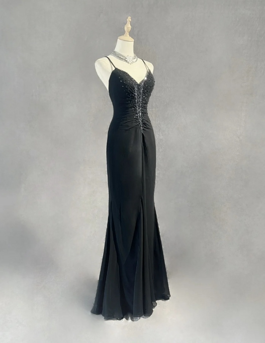 Chic Sheath Evening Dresses Beaded Chiffon Black Long Prom Dresses Sleeveless Brithday Dresses  DP04585