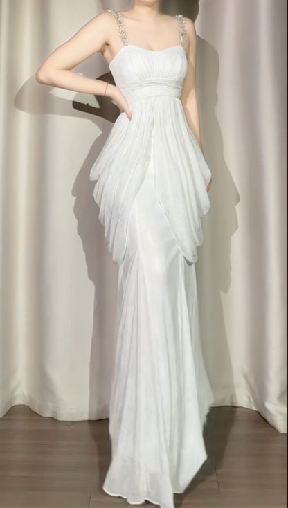Chic Sheath Evening Dresses Chiffon White Long Prom Dresses Sleeveless Brithday Dresses  DP04586
