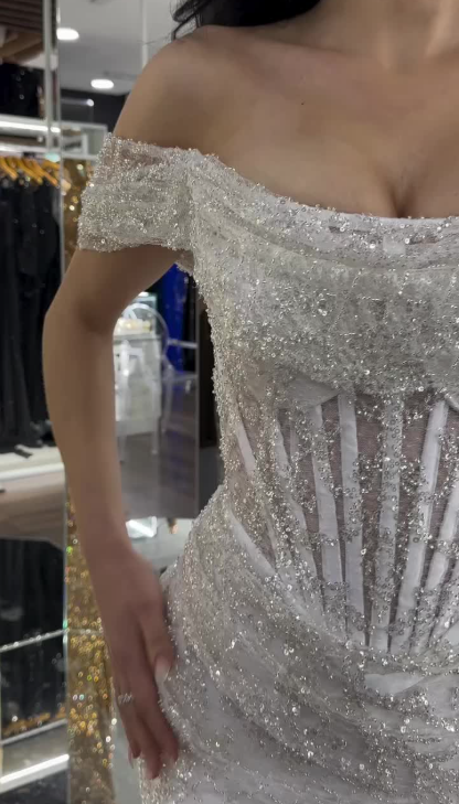 Chic Sheath Evening Dresses Beaded Tulle White Long Prom Dresses Off-shoulder Brithday Dresses   DP04587