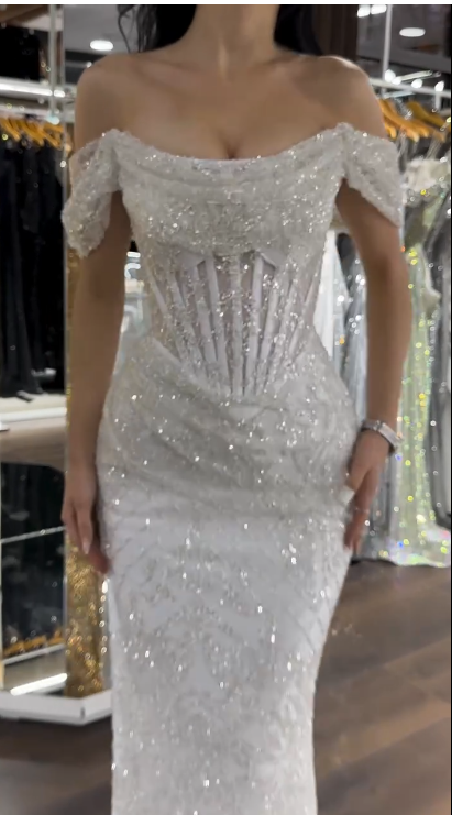 Chic Sheath Evening Dresses Beaded Tulle White Long Prom Dresses Off-shoulder Brithday Dresses   DP04587