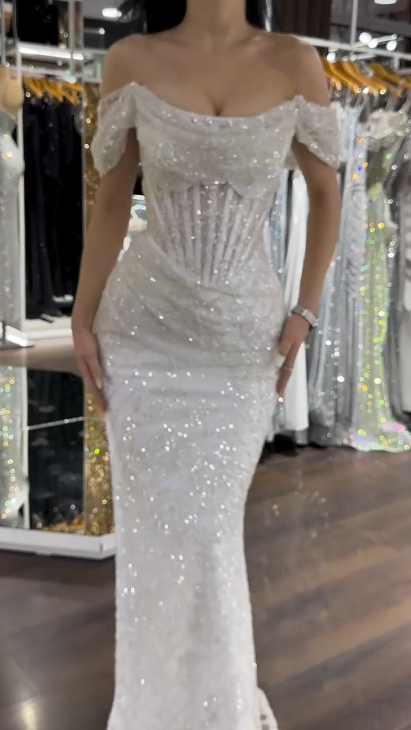 Chic Sheath Evening Dresses Beaded Tulle White Long Prom Dresses Off-shoulder Brithday Dresses   DP04587