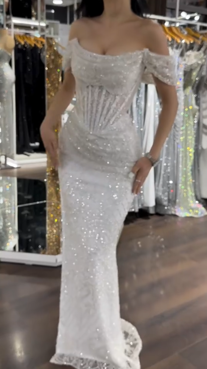 Chic Sheath Evening Dresses Beaded Tulle White Long Prom Dresses Off-shoulder Brithday Dresses   DP04587