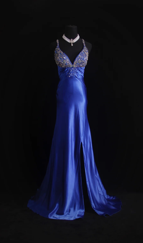 Chic Sheath Evening Dresses Beaded Satin Blue Long Prom Dresses Spaghetti Straps Brithday Dresses   DP04588