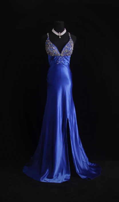 Chic Sheath Evening Dresses Beaded Satin Blue Long Prom Dresses Spaghetti Straps Brithday Dresses   DP04588