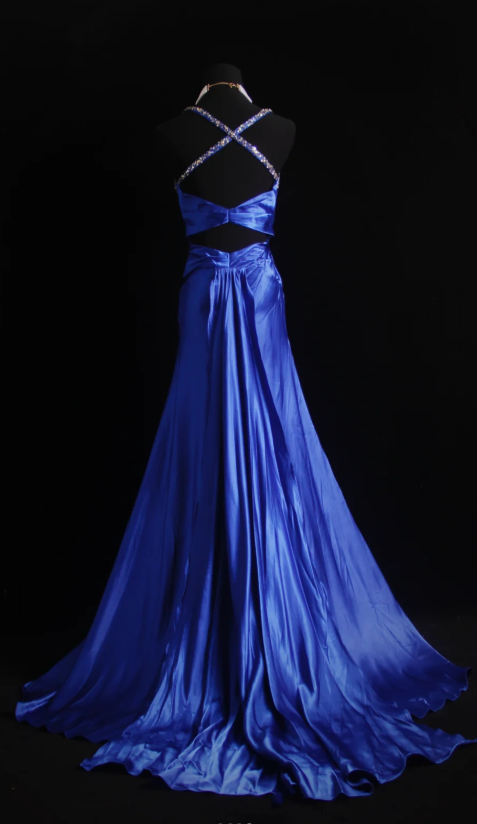 Chic Sheath Evening Dresses Beaded Satin Blue Long Prom Dresses Spaghetti Straps Brithday Dresses   DP04588