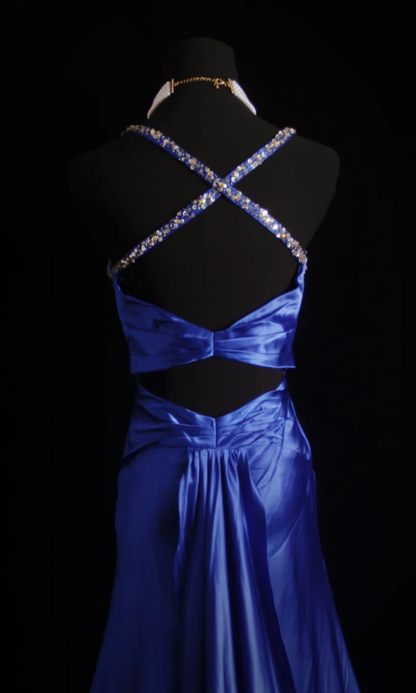 Chic Sheath Evening Dresses Beaded Satin Blue Long Prom Dresses Spaghetti Straps Brithday Dresses   DP04588