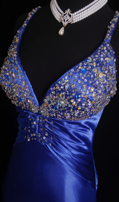 Chic Sheath Evening Dresses Beaded Satin Blue Long Prom Dresses Spaghetti Straps Brithday Dresses   DP04588