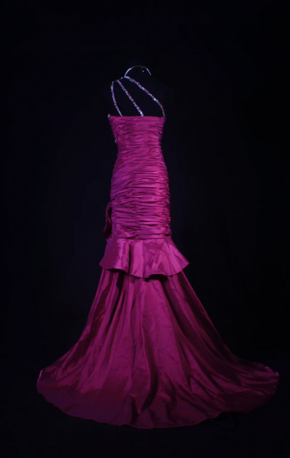 Chic Sheath Evening Dresses Beaded Satin Fuchsia Long Prom Dresses One-shoulder Brithday Dresses DP04589