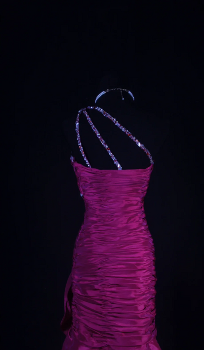 Chic Sheath Evening Dresses Beaded Satin Fuchsia Long Prom Dresses One-shoulder Brithday Dresses DP04589