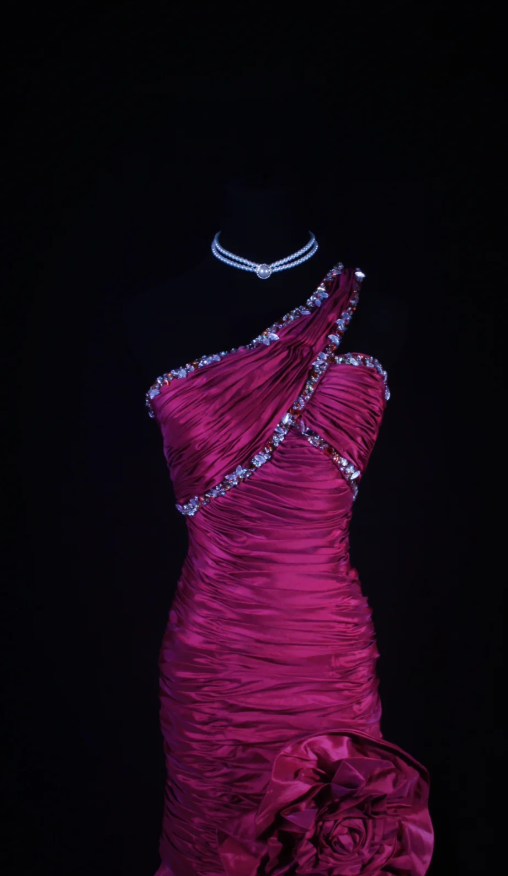 Chic Sheath Evening Dresses Beaded Satin Fuchsia Long Prom Dresses One-shoulder Brithday Dresses DP04589