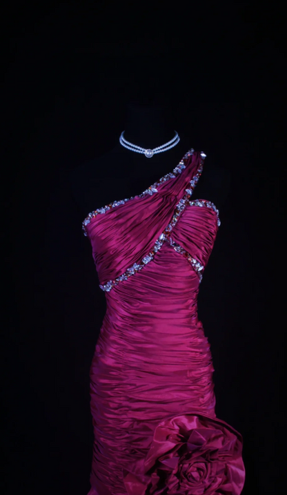 Chic Sheath Evening Dresses Beaded Satin Fuchsia Long Prom Dresses One-shoulder Brithday Dresses DP04589