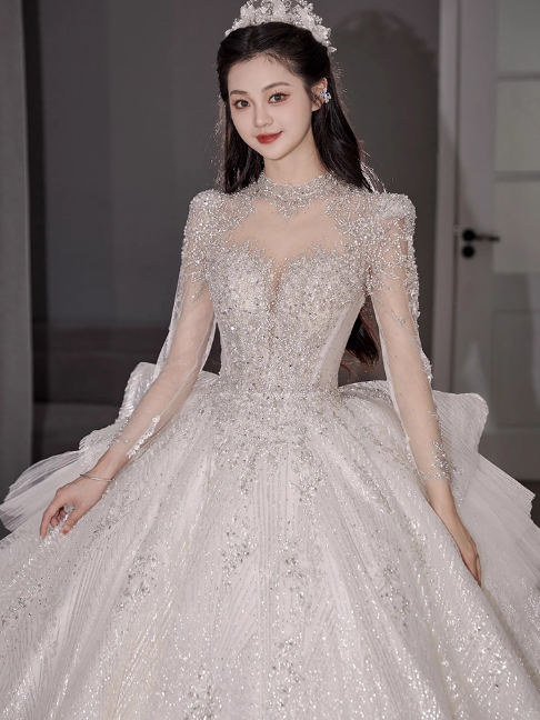 Chic A-Line Long Wedding Dresses Tulle  White Bridal Gowns Long Sleeves Bridal Dresses DP04595