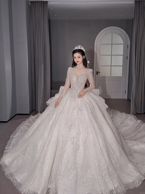 Chic A-Line Long Wedding Dresses Tulle  White Bridal Gowns Long Sleeves Bridal Dresses DP04595