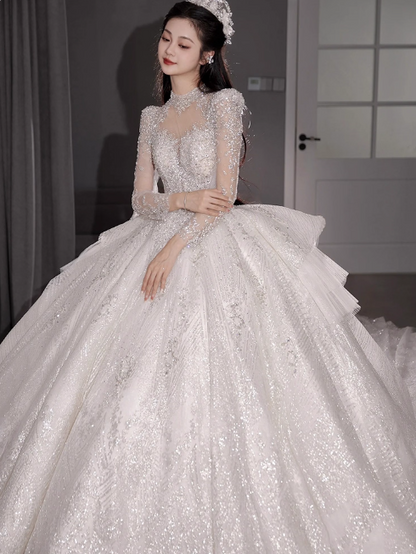 Chic A-Line Long Wedding Dresses Tulle  White Bridal Gowns Long Sleeves Bridal Dresses DP04595