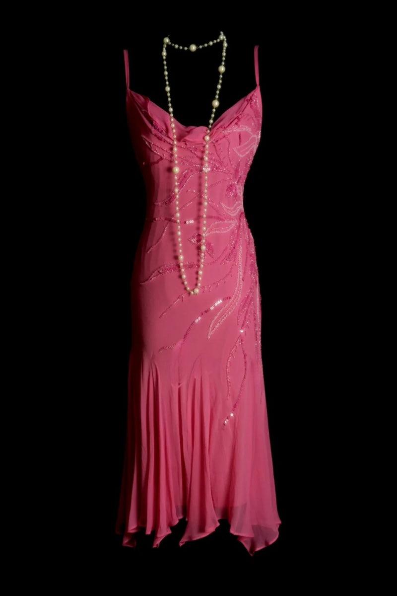 Chic Sheath Short  Prom Dresses Chiffon Beaded Hot Pink Birthday Dresses Sleeveless Evening Dresses DP04596