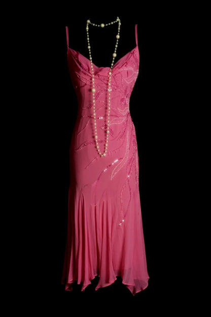 Chic Sheath Short  Prom Dresses Chiffon Beaded Hot Pink Birthday Dresses Sleeveless Evening Dresses DP04596