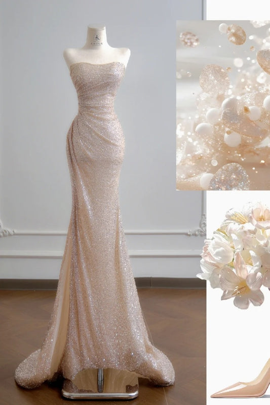 Elegant Strapless Sheath Long Prom Dresses Tulle Sequins Champagne Evening Dresses DP04597