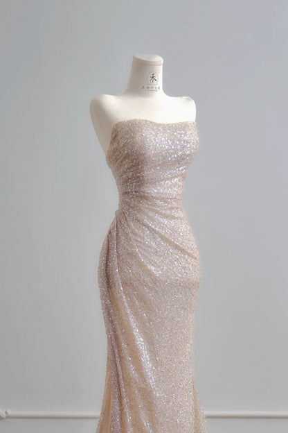 Elegant Strapless Sheath Long Prom Dresses Tulle Sequins Champagne Evening Dresses DP04597