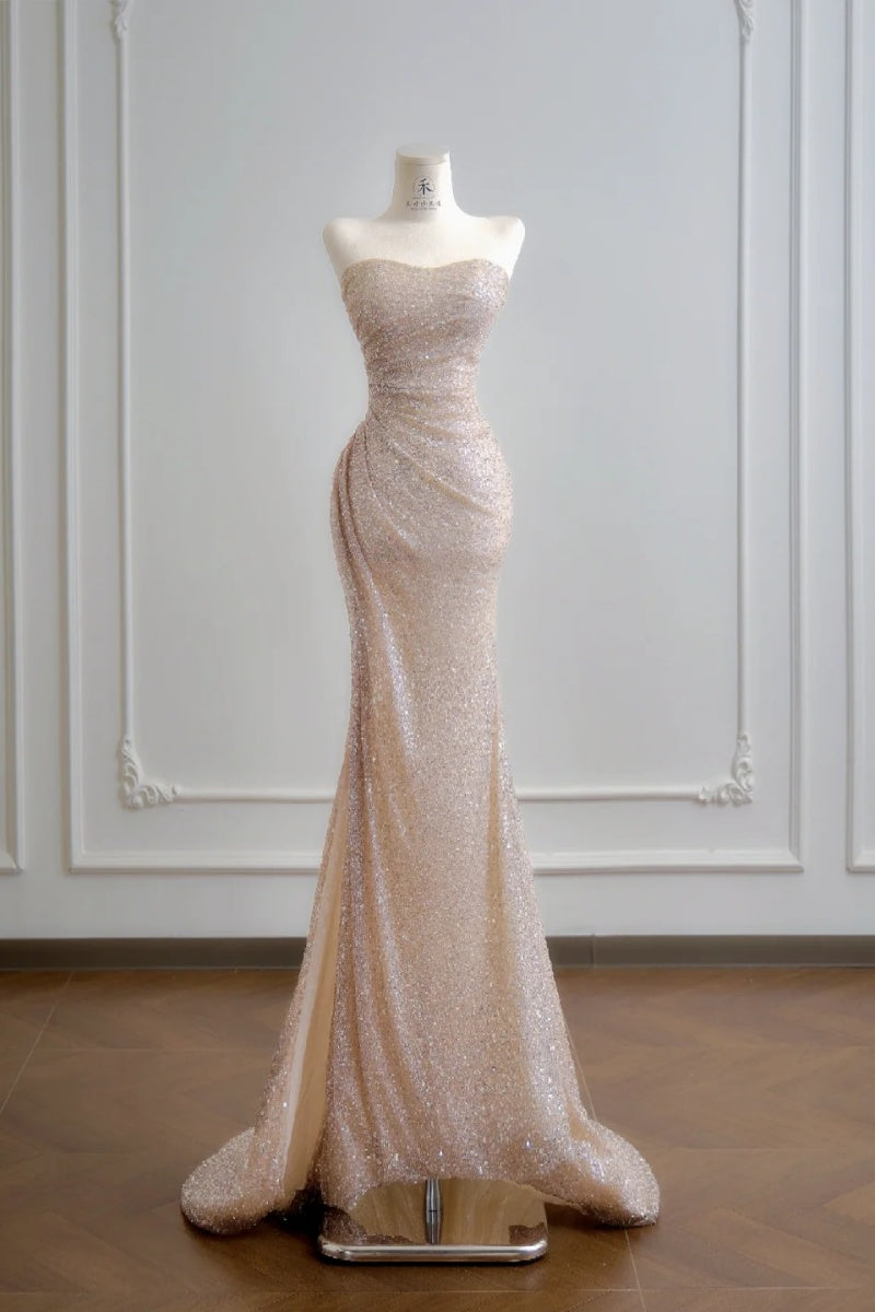 Elegant Strapless Sheath Long Prom Dresses Tulle Sequins Champagne Evening Dresses DP04597