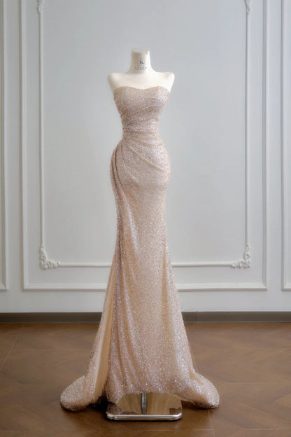 Elegant Strapless Sheath Long Prom Dresses Tulle Sequins Champagne Evening Dresses DP04597