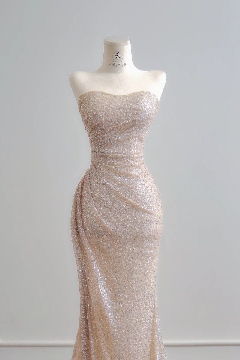 Elegant Strapless Sheath Long Prom Dresses Tulle Sequins Champagne Evening Dresses DP04597