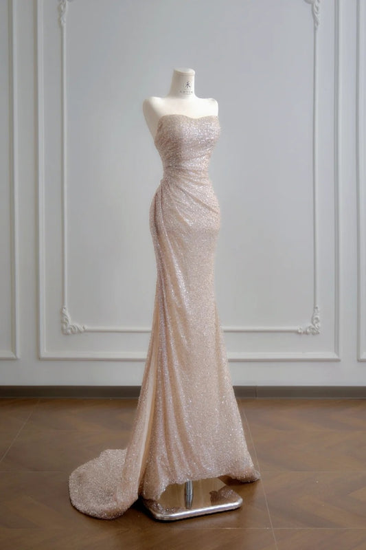 Elegant Strapless Sheath Long Prom Dresses Tulle Sequins Champagne Evening Dresses DP04597