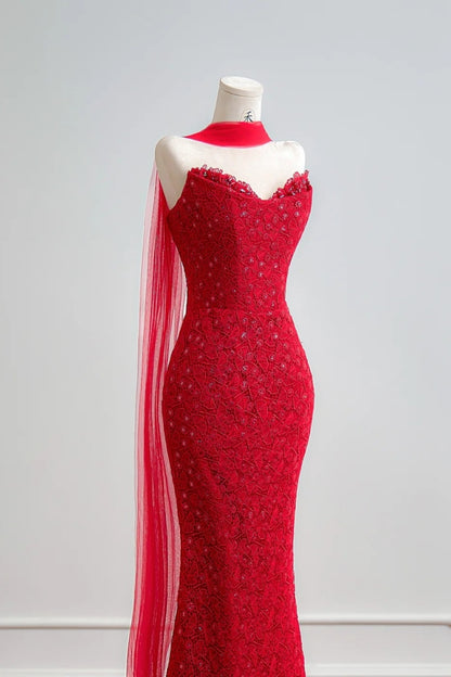 Elegant Sweetheart Mermaid Long Prom Dresses Lace Beaded Red Evening Dresses DP04598