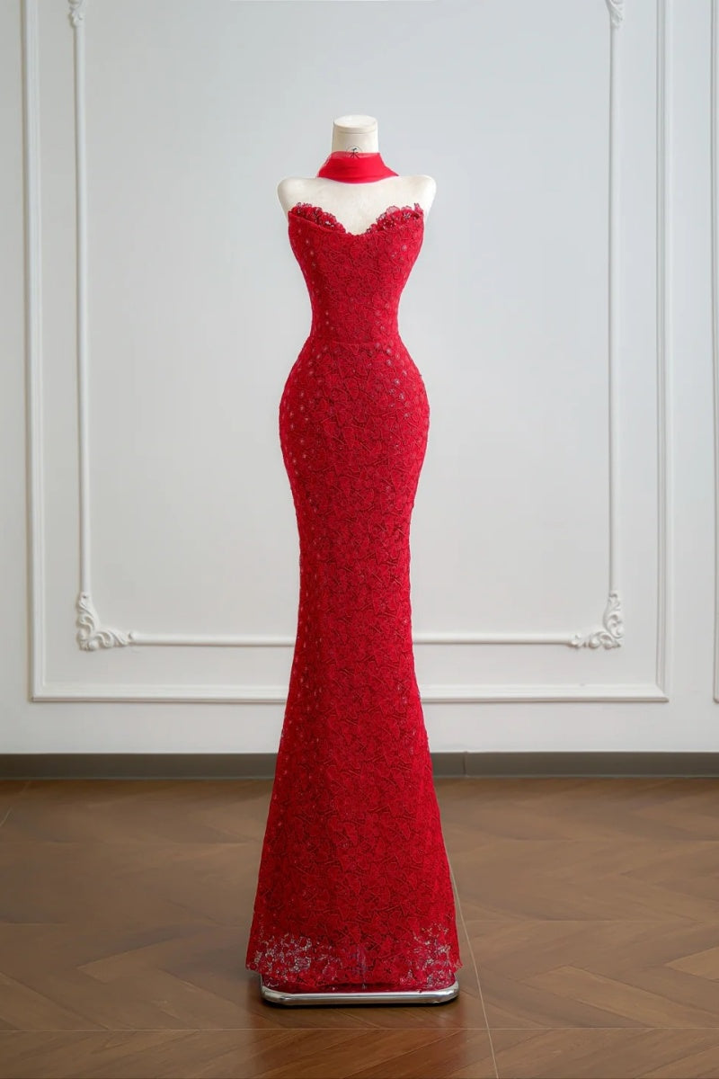 Elegant Sweetheart Mermaid Long Prom Dresses Lace Beaded Red Evening Dresses DP04598