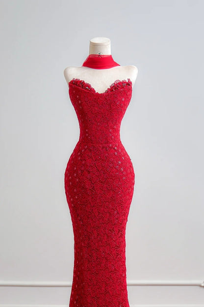 Elegant Sweetheart Mermaid Long Prom Dresses Lace Beaded Red Evening Dresses DP04598