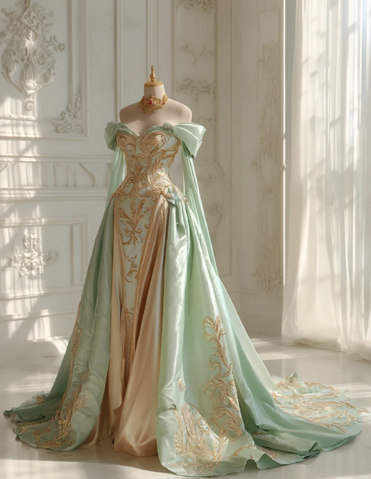 Elegant Off-shoulder Sheath Long Prom Dresses Satin Applique Green Evening Dresses DP04600