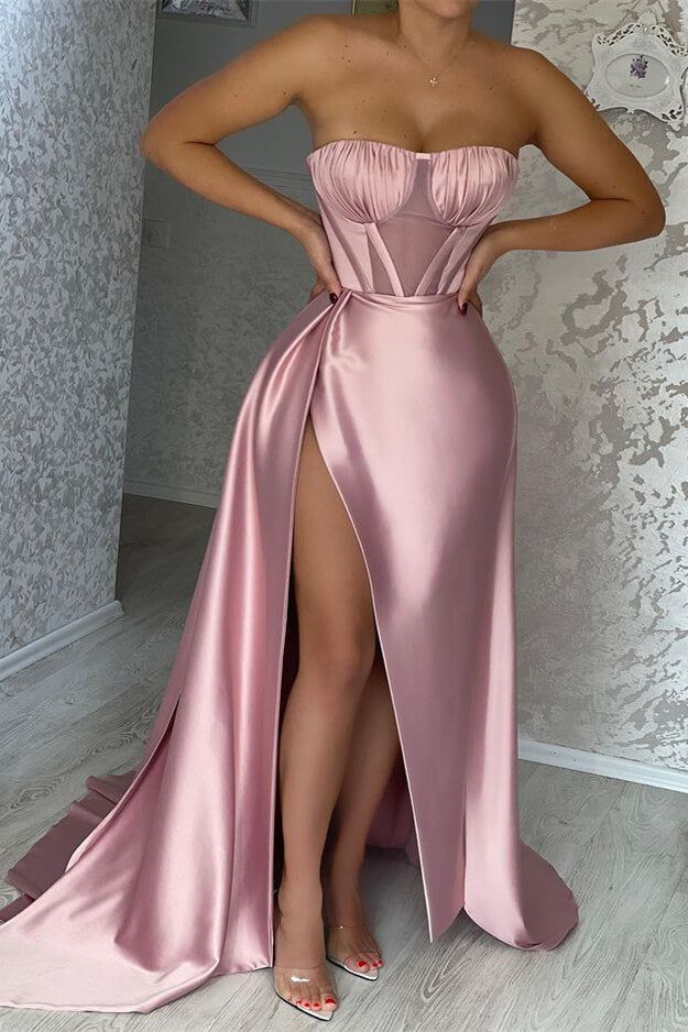 Vintage Sheath Pink Prom Dresses Satin Strapless Long Evening Dresses Sleeveless Party Dresses DP04609