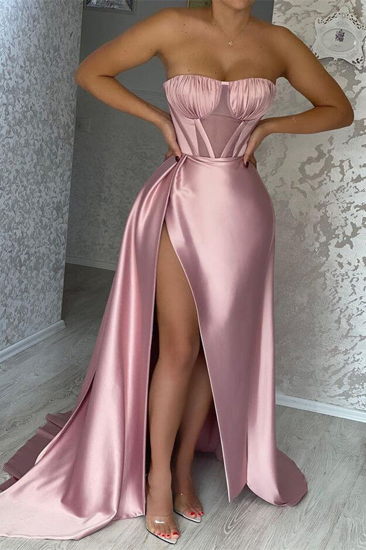 Vintage Sheath Pink Prom Dresses Satin Strapless Long Evening Dresses Sleeveless Party Dresses DP04609