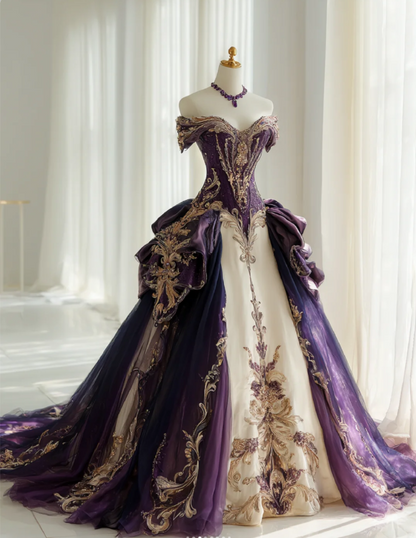 Simple A-Line Long Prom Dresses Applique Tulle Purple Quinceanera Dresses  Sleeveless Sweet 16 Dress DP04625