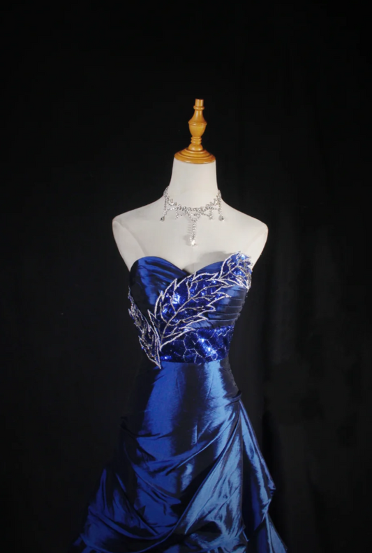 Simple A-Line Long Prom Dresses Satin Sweetheart Navy Blue  Evening Dresses Zipper Birthday Dresses DP04634