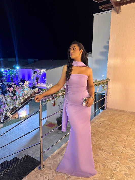 Gorgeous Purple Sheath Long Prom Dresses Satin Sleeveless Birthday Dresses Strapless Evening Dresses DP04650
