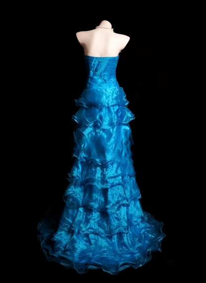 Gorgeous Sheath Long Prom Dresses Tulle Blue Quinceanera Dresses Strapless Birthday Dresses DP04673