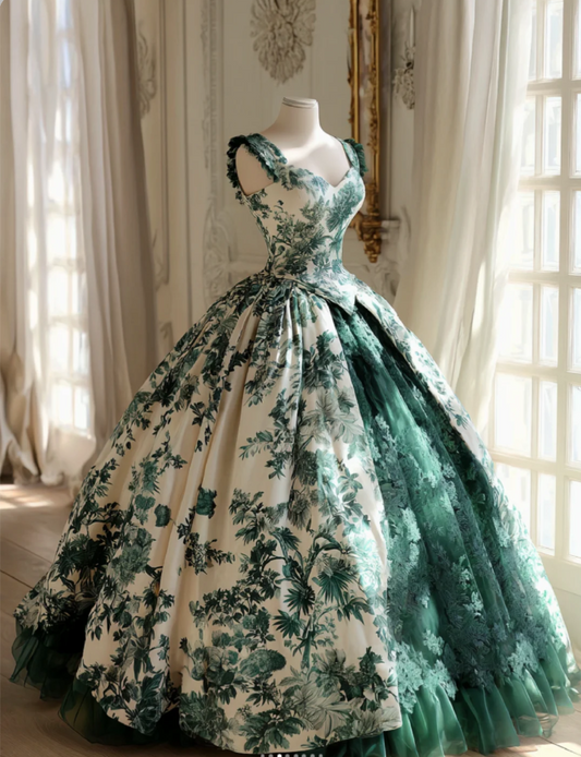 Gorgeous A-Line  Long Prom Dresses Tulle Floral Green Evening Dresses Straps Birthday Dresses DP04676