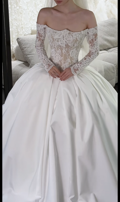 Chic A-line Long Wedding Dresses Satin Applique White Bridal Dresses Off-shoulder Long Sleeves Bridal Gowns DP04683