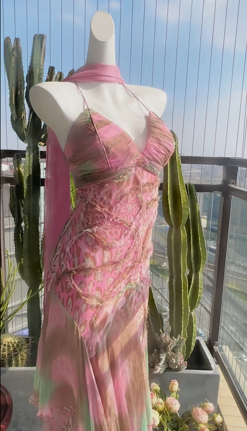 Elegant Sheath Long Prom Dresses Chiffon Spaghetti Straps Pink Evening Dresses  DP04685