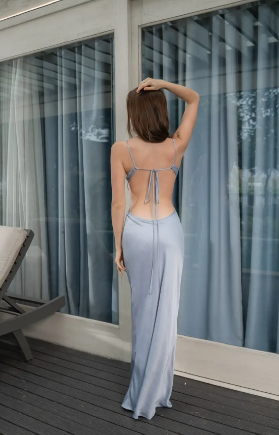 Chic Gray Blue Long Prom Dresses Spaghetti Straps Sheath Evening Dresses Satin Backless Party Dresses DP04703