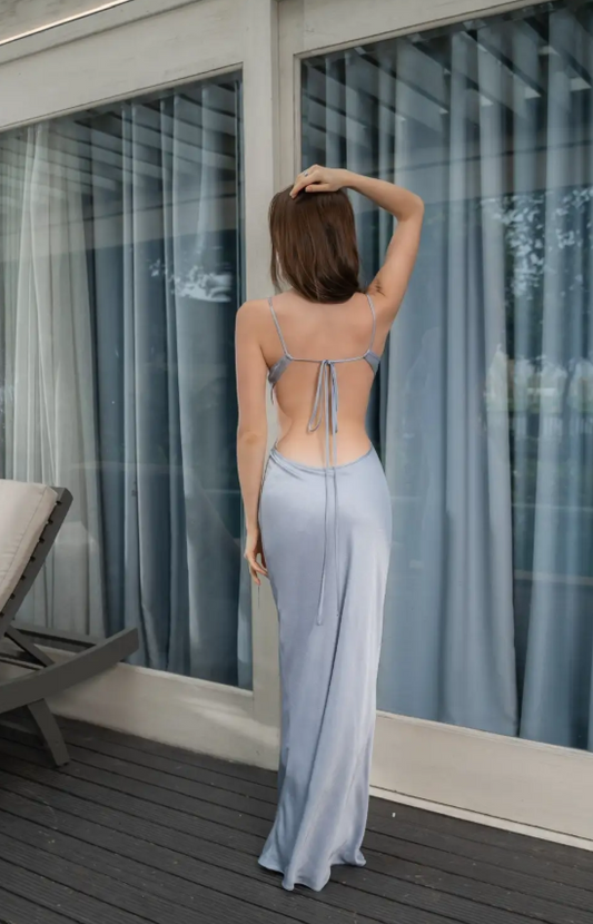 Chic Gray Blue Long Prom Dresses Spaghetti Straps Sheath Evening Dresses Satin Backless Party Dresses DP04703