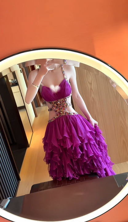 Chic Purple Long Prom Dresses Spaghetti Straps A-line Evening Dresses Chiffon Birthday Dresses DP04706
