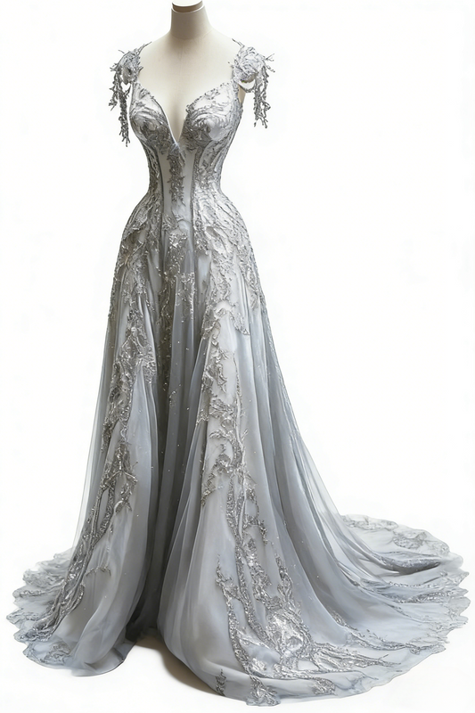 Chic Light Gray Long Prom Dresses Tulle Straps A-Line Evening Dresses DP04764