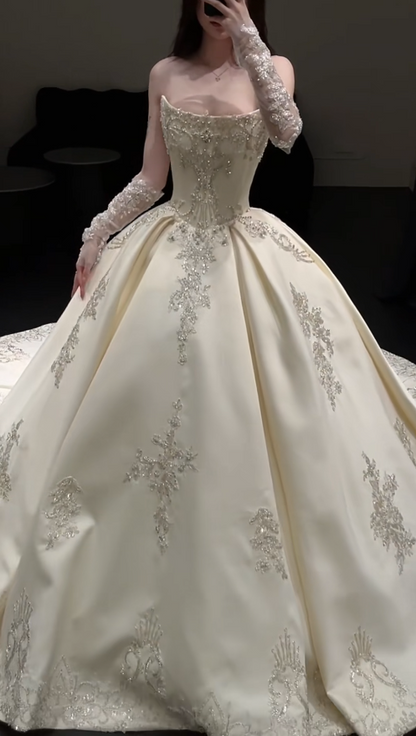 Timeless A-Line Long Wedding Dress Beaded Satin Strapless Ivory Bridal Dress Sleeveless Bridal Gown DP04818