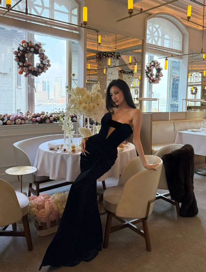 Sexy Sheath Black Long Prom Dress Velvet Sweetheart Evening Dress Backless Birthday Dress DP04848